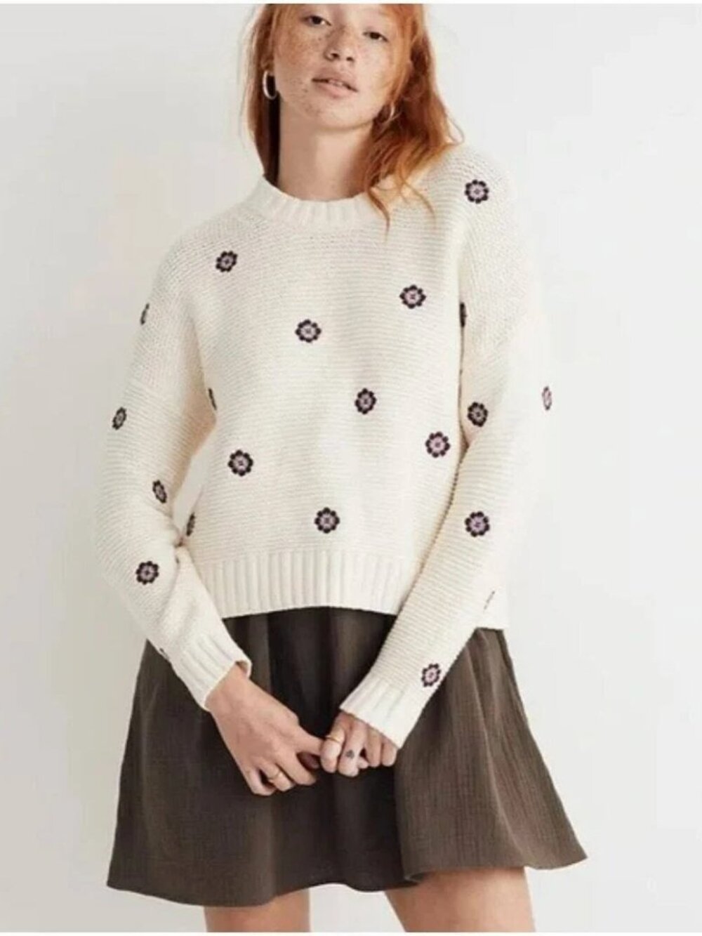 Granola Boho Granny Artsy Floral Embroidered Madewell Cream Purple Sweater Lg